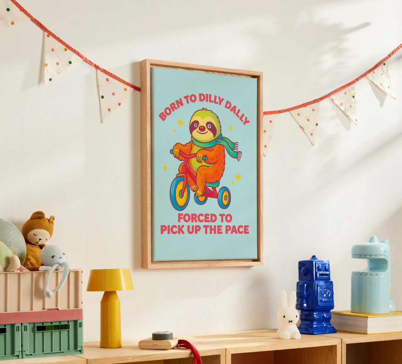 born to dilly dally funny sloth drawing canvas with Floater frame by cepeducks