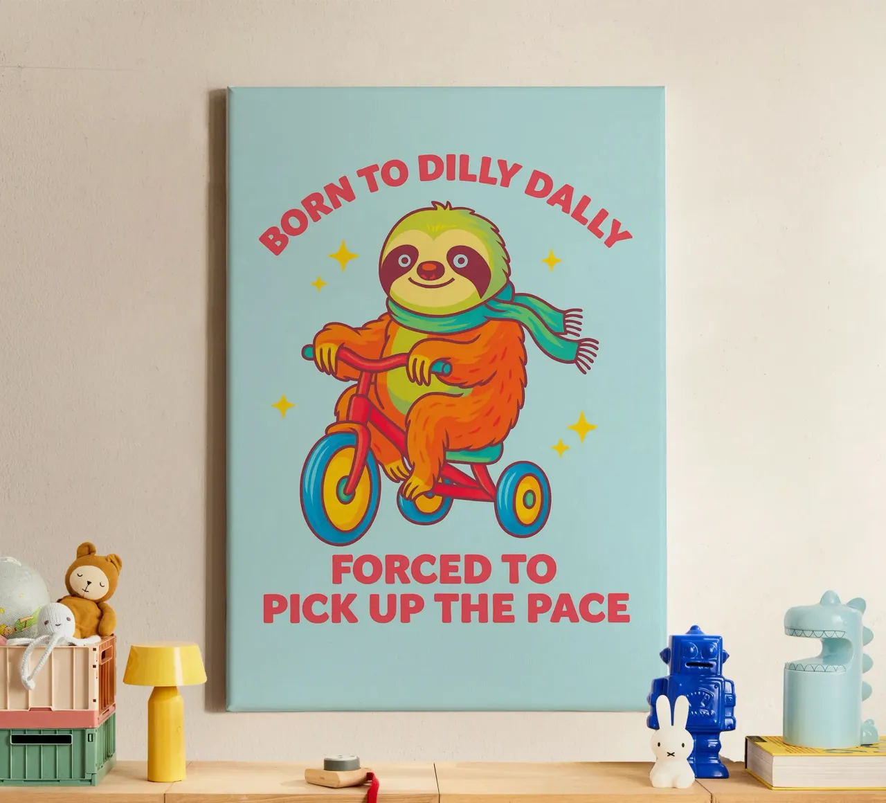 born to dilly dally funny sloth drawing canvas with Floater frame by cepeducks