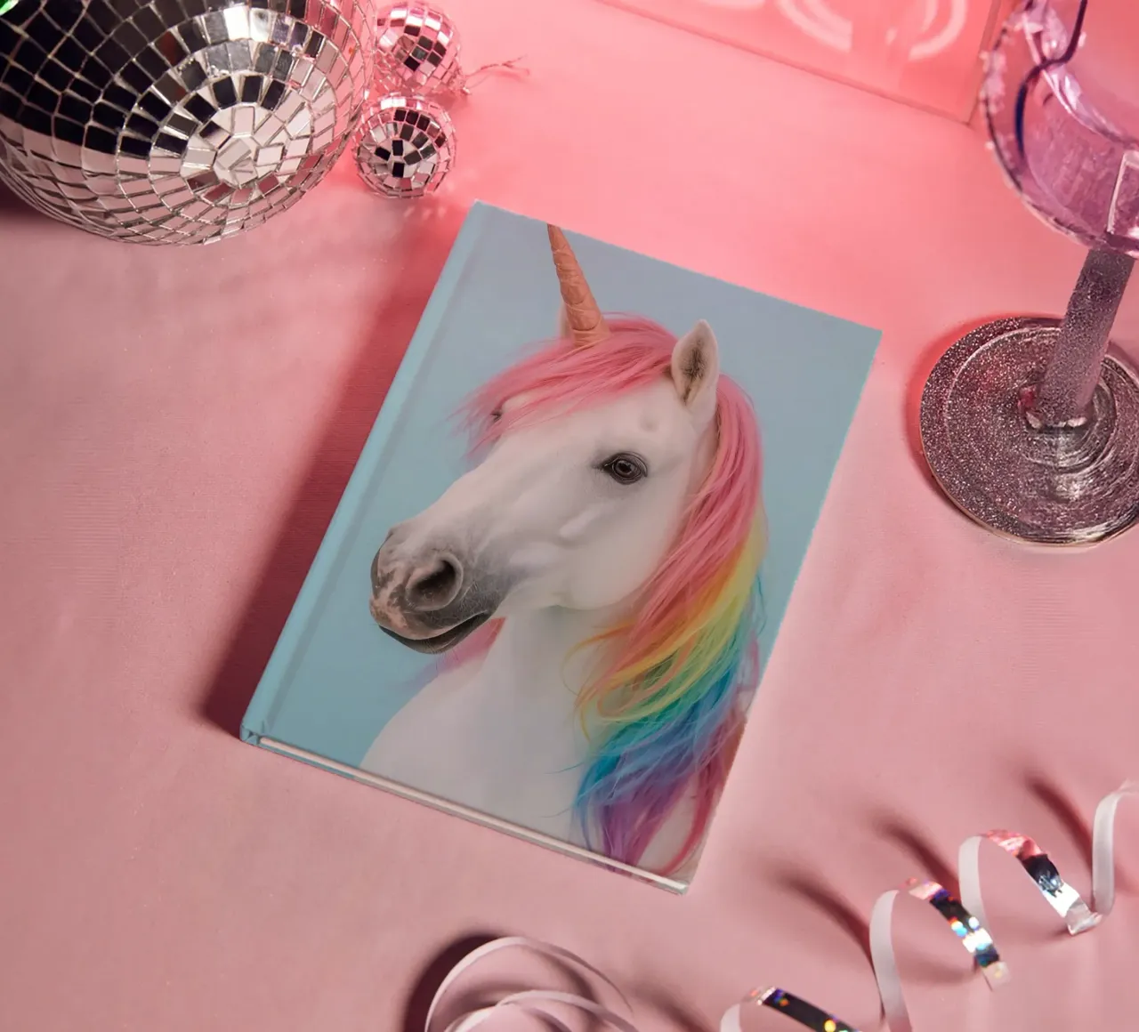 Unicorn with Rainbow Mane and Light Blue Background notebook by DesignDoodle