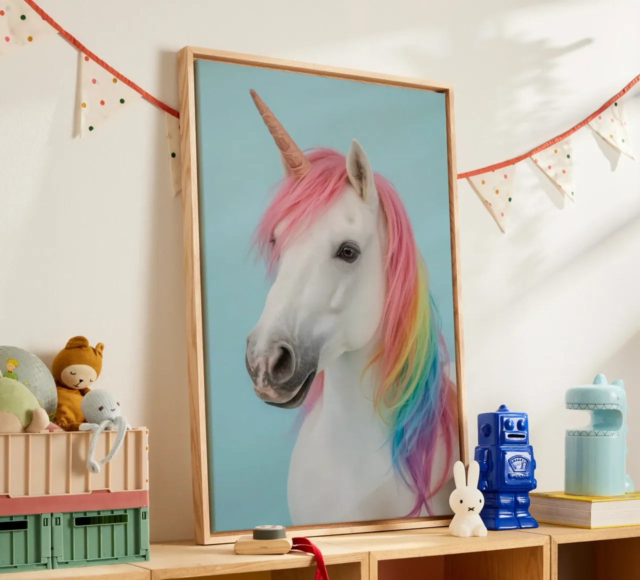 Unicorn with Rainbow Mane and Light Blue Background canvas with Floater frame by DesignDoodle