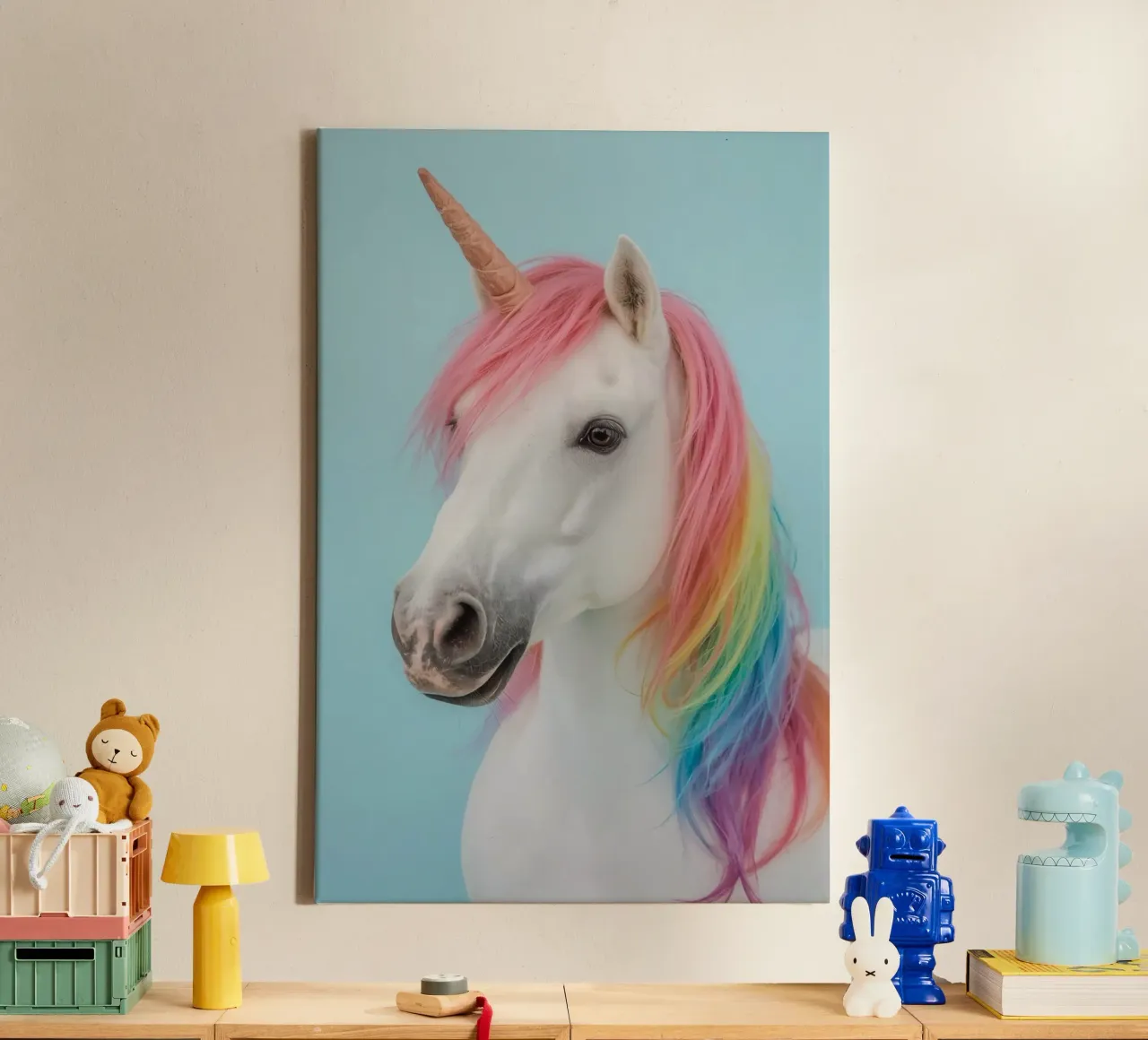 Unicorn with Rainbow Mane and Light Blue Background canvas with Floater frame by DesignDoodle