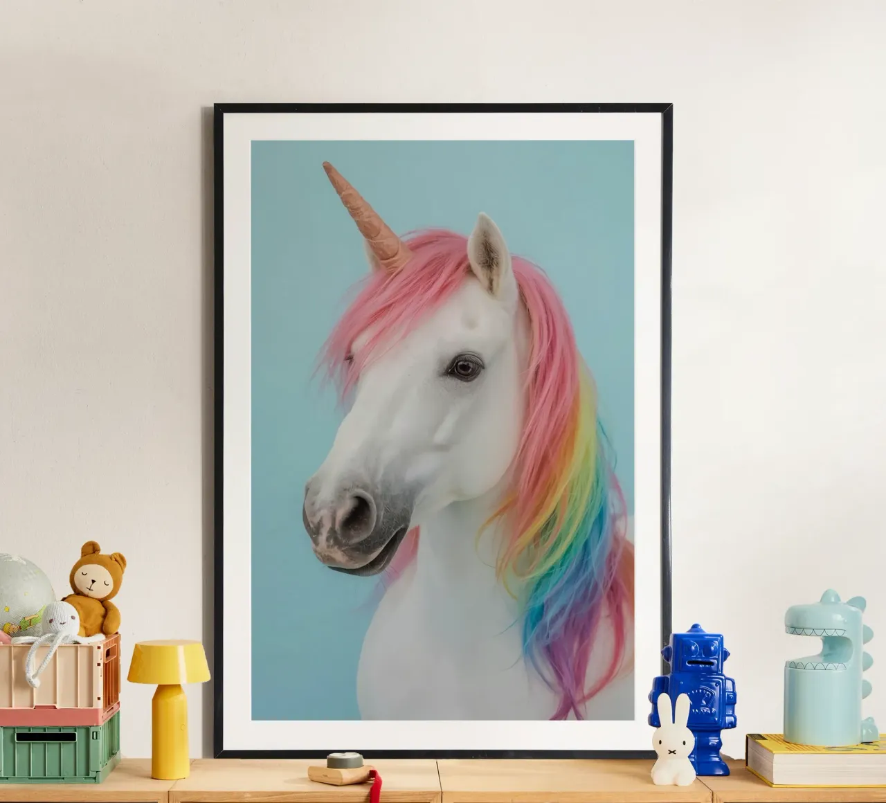 Unicornio con crin arco iris y fondo azul claro poster de DesignDoodle