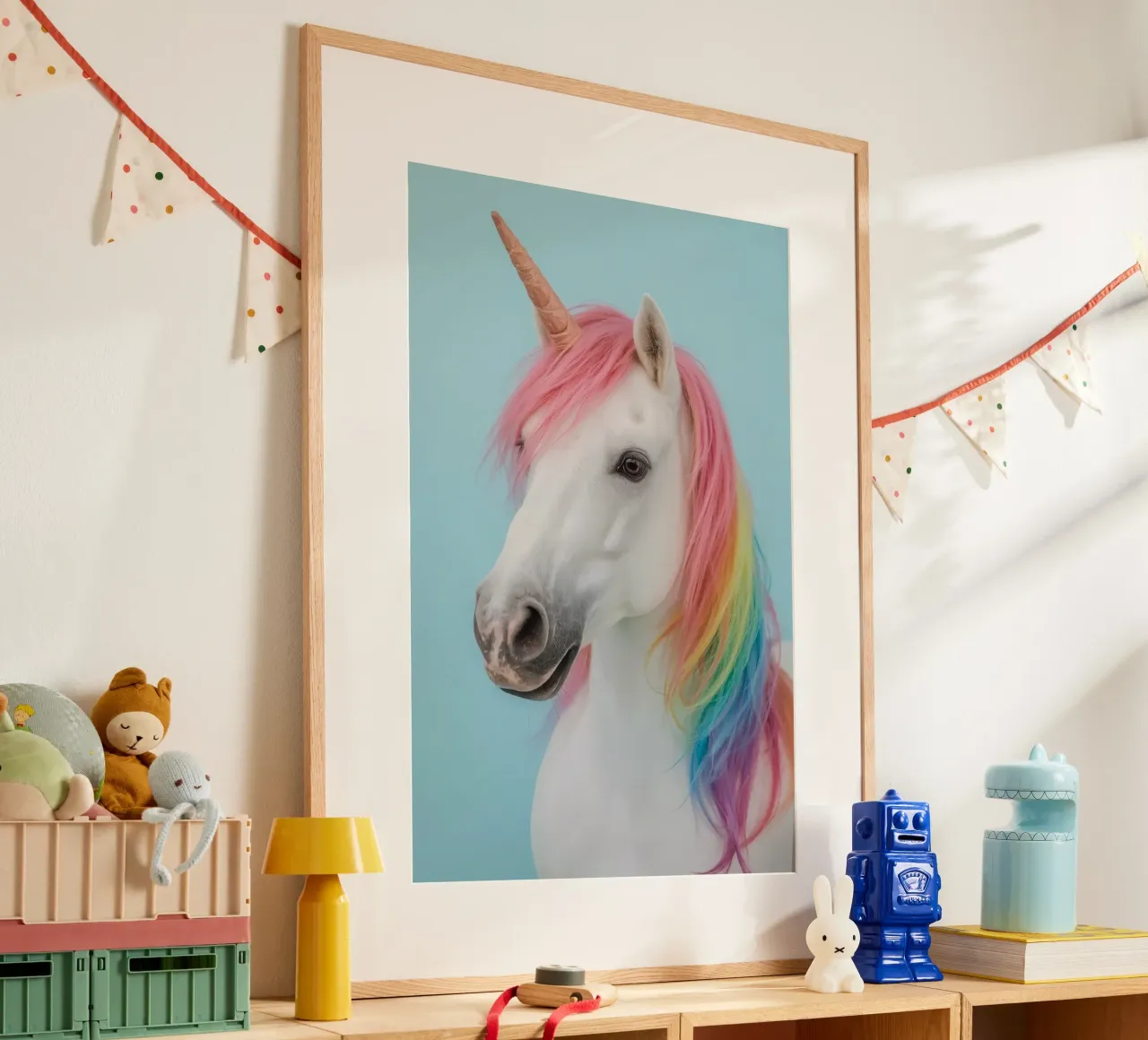 Unicornio con crin arco iris y fondo azul claro poster de DesignDoodle