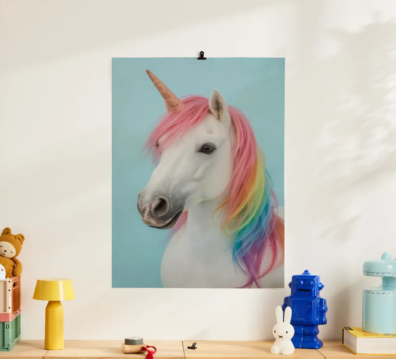 Unicornio con crin arco iris y fondo azul claro poster de DesignDoodle