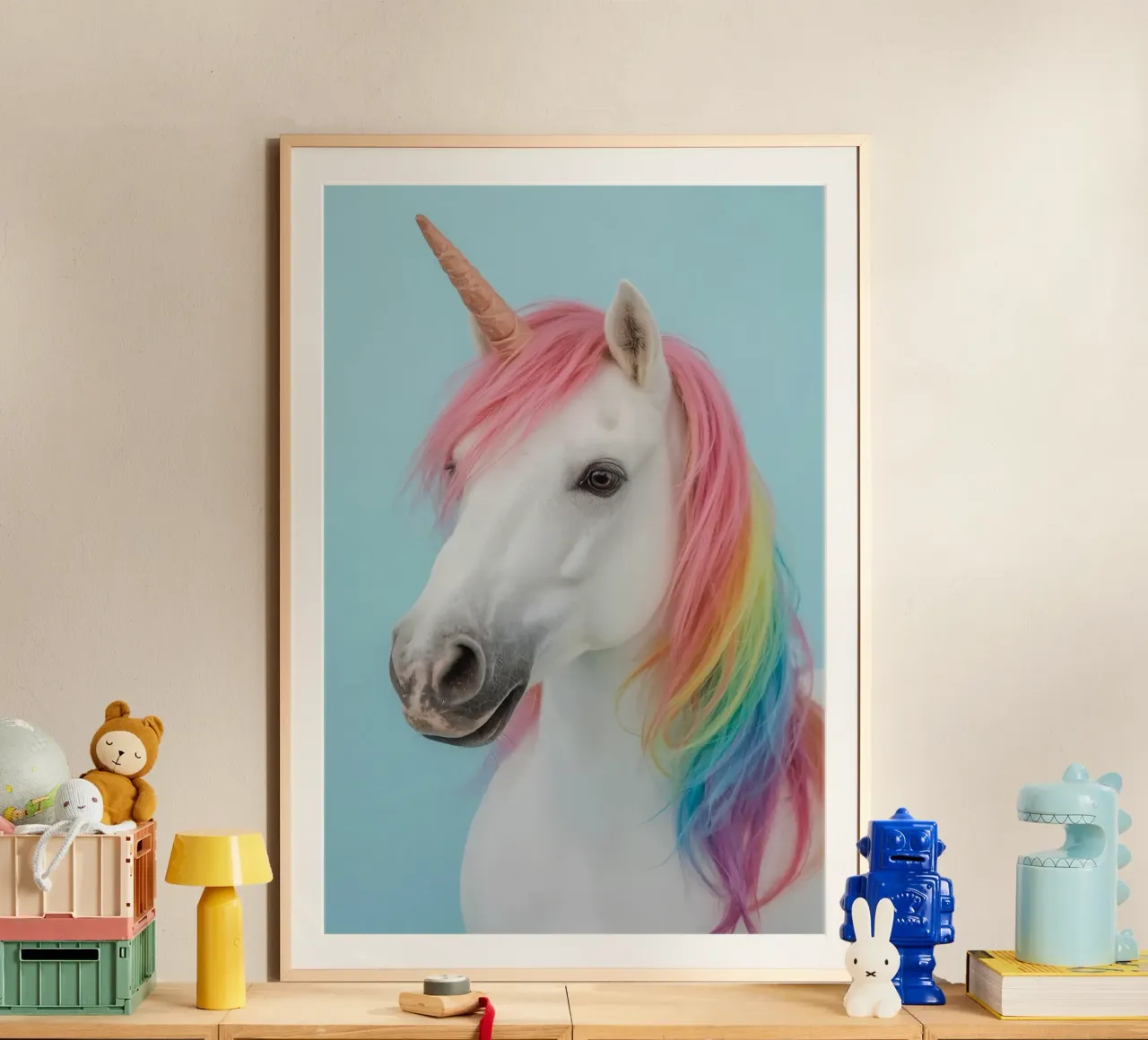 Unicornio con crin arco iris y fondo azul claro poster de DesignDoodle
