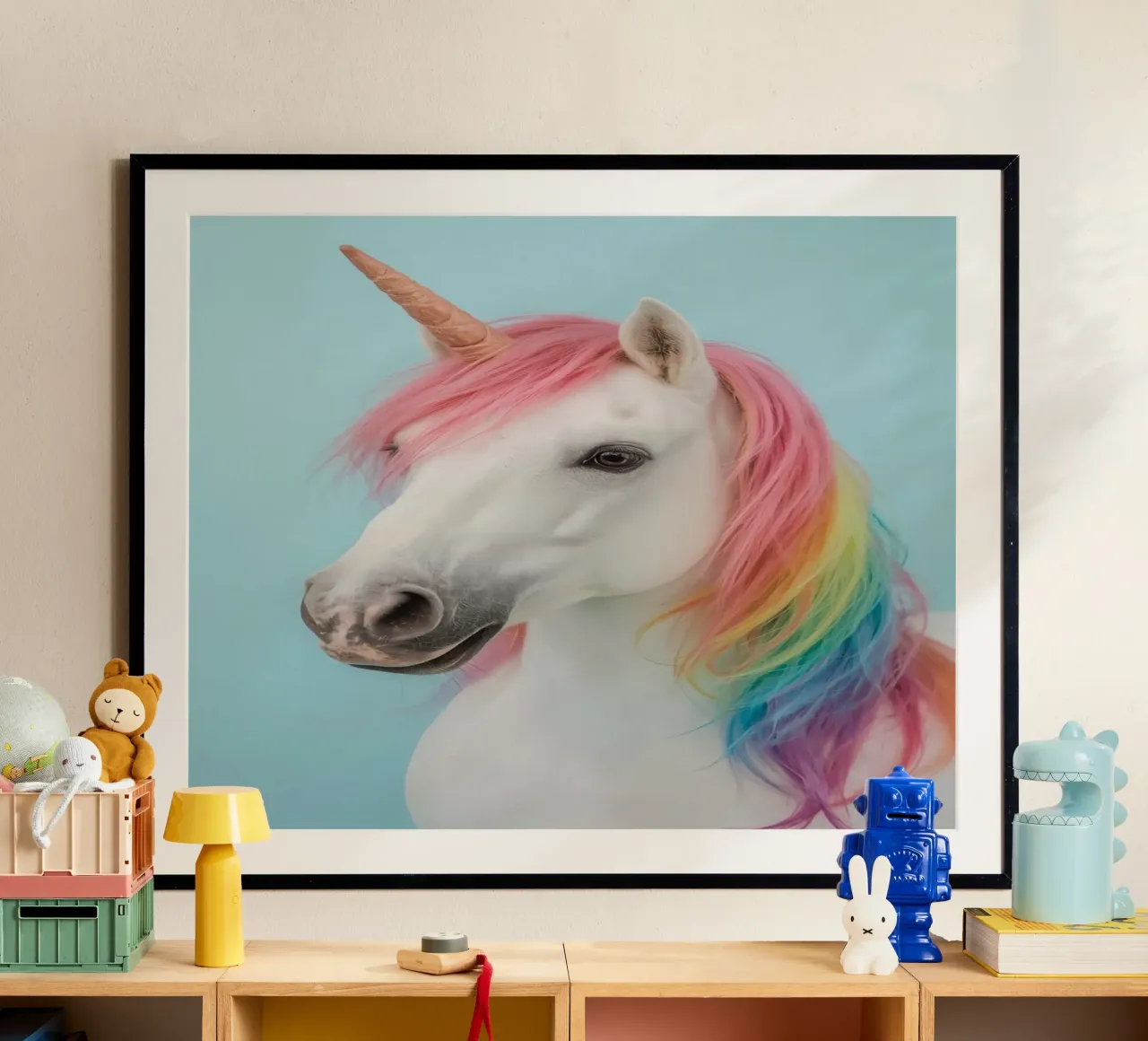 Unicornio con crin arco iris y fondo azul claro poster de DesignDoodle