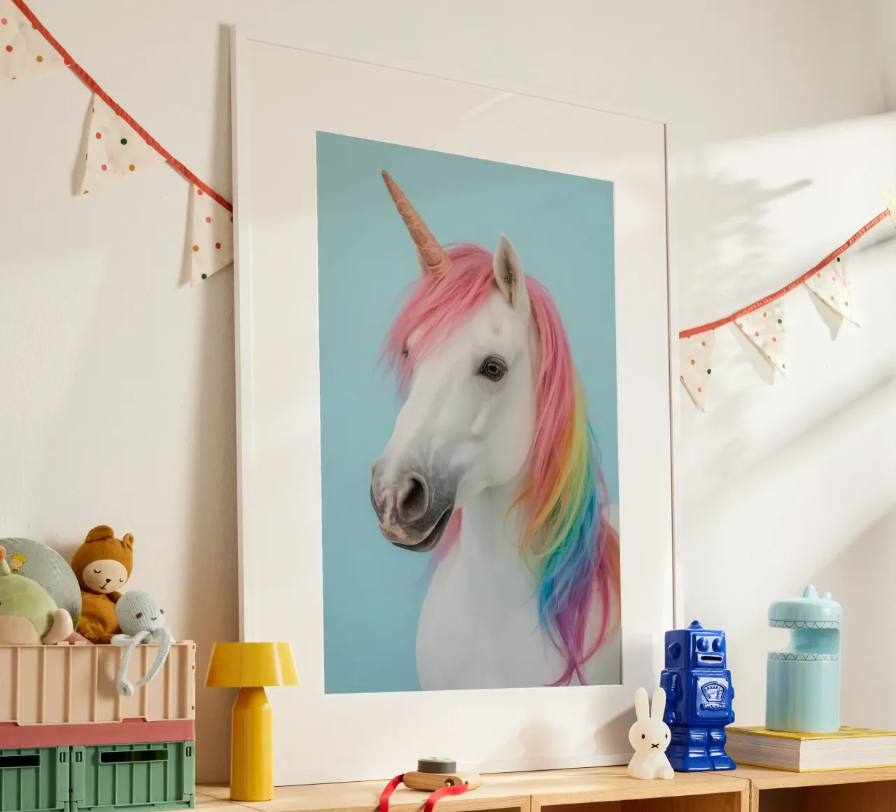 Unicornio con crin arco iris y fondo azul claro poster de DesignDoodle