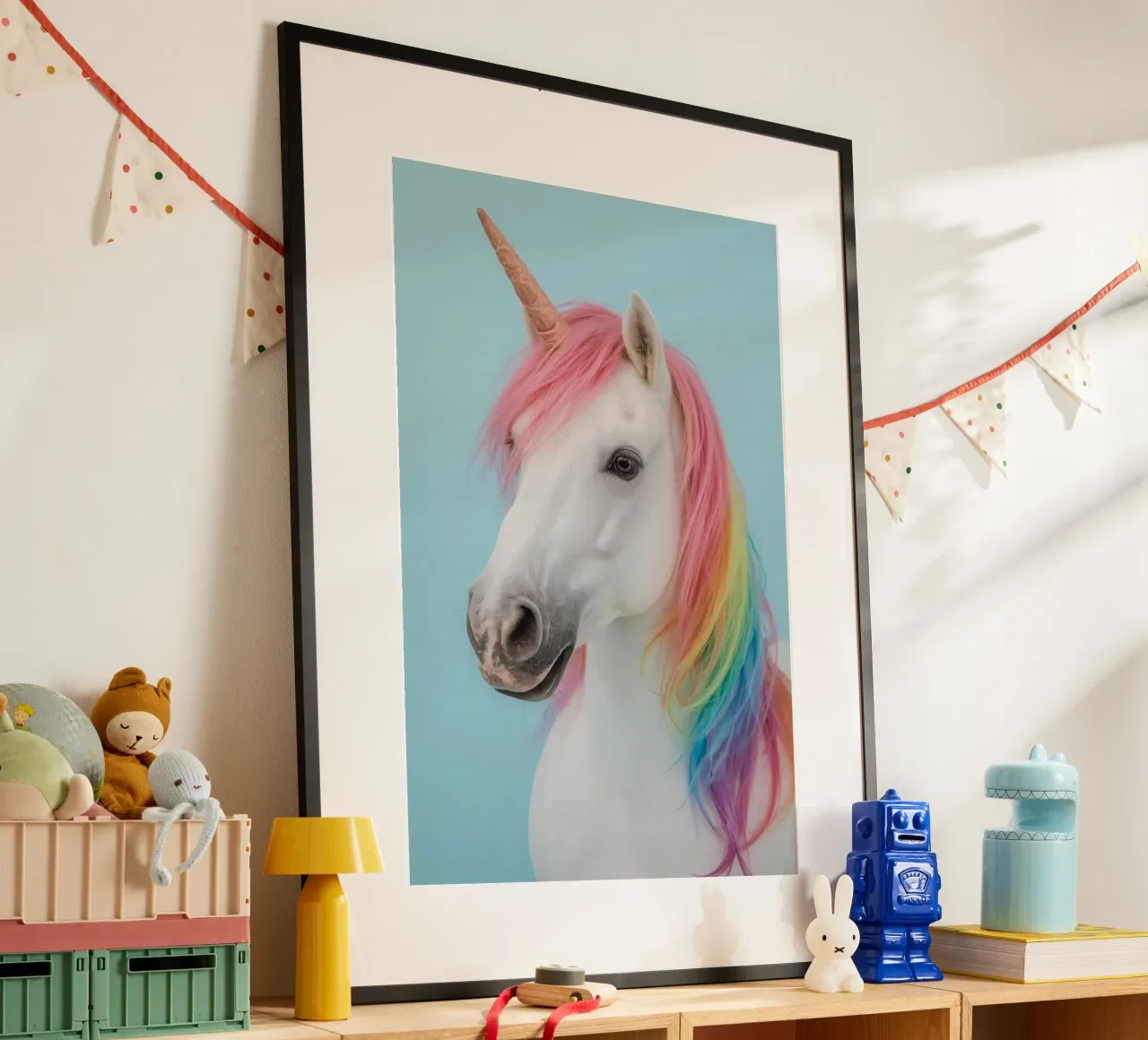 Unicornio con crin arco iris y fondo azul claro poster de DesignDoodle