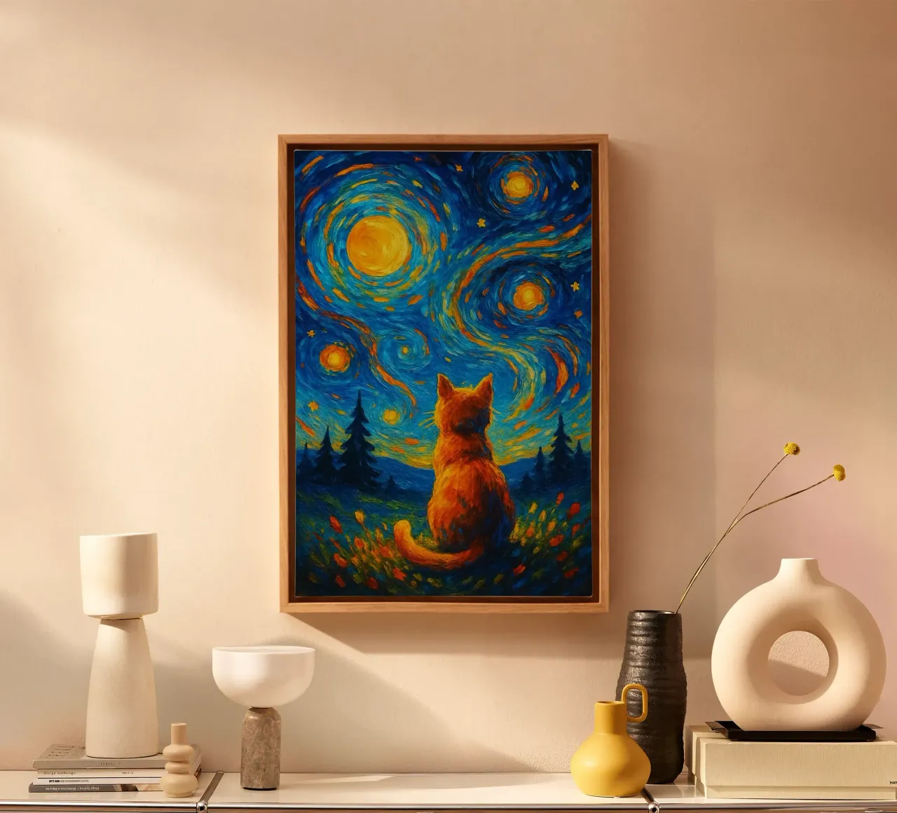 cat with circle on sky tela con Cornice a cassetta da panada