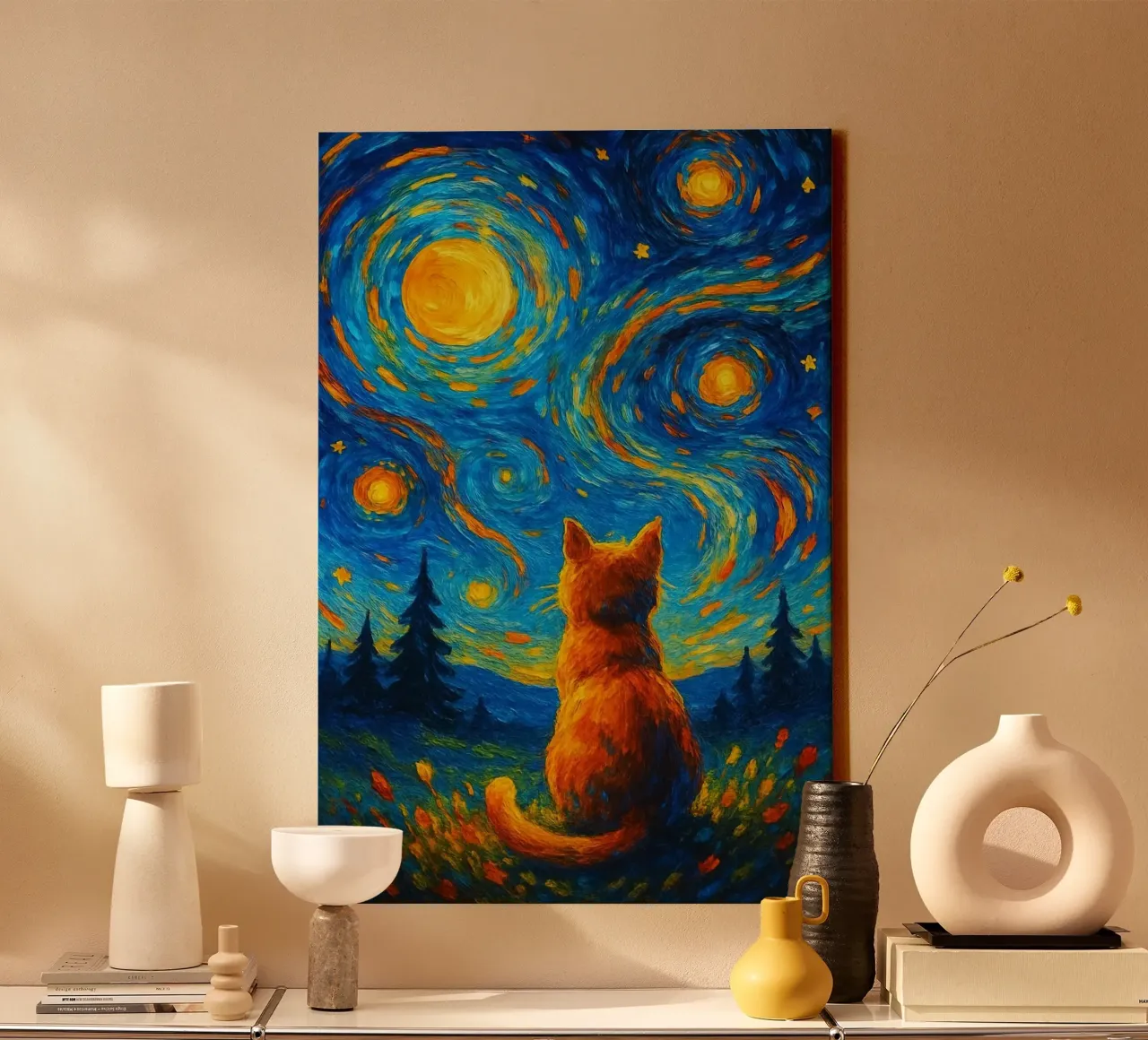 cat with circle on sky tela con Cornice a cassetta da panada