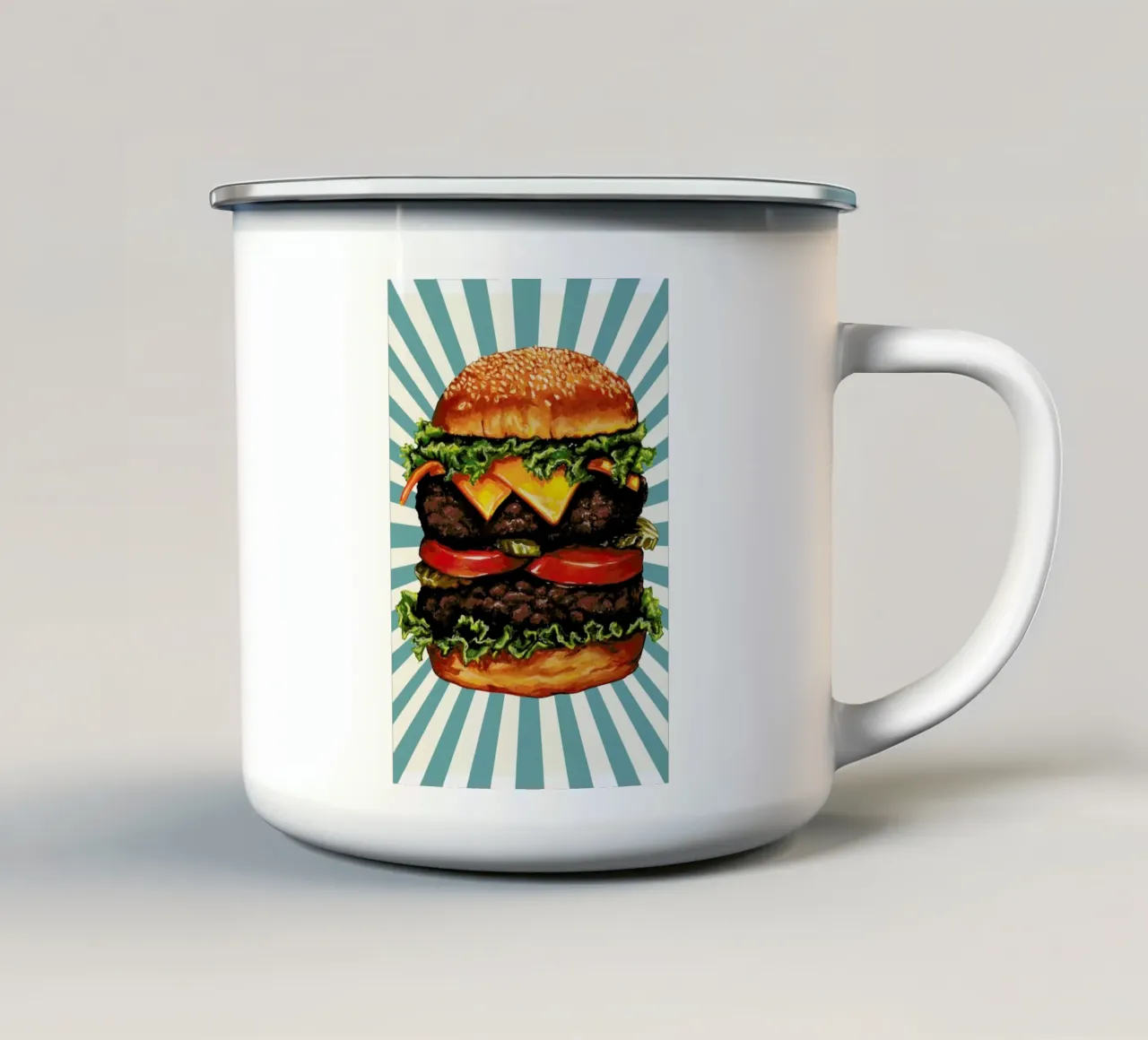 Double Cheeseburger tazza in smalto da Kelly Gilleran