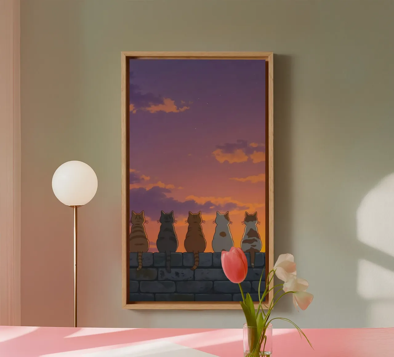 five cats sunset canvas met Baklijst van panada