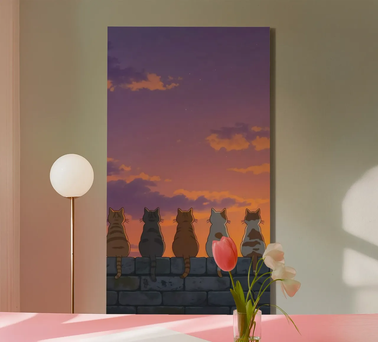 five cats sunset canvas met Baklijst van panada
