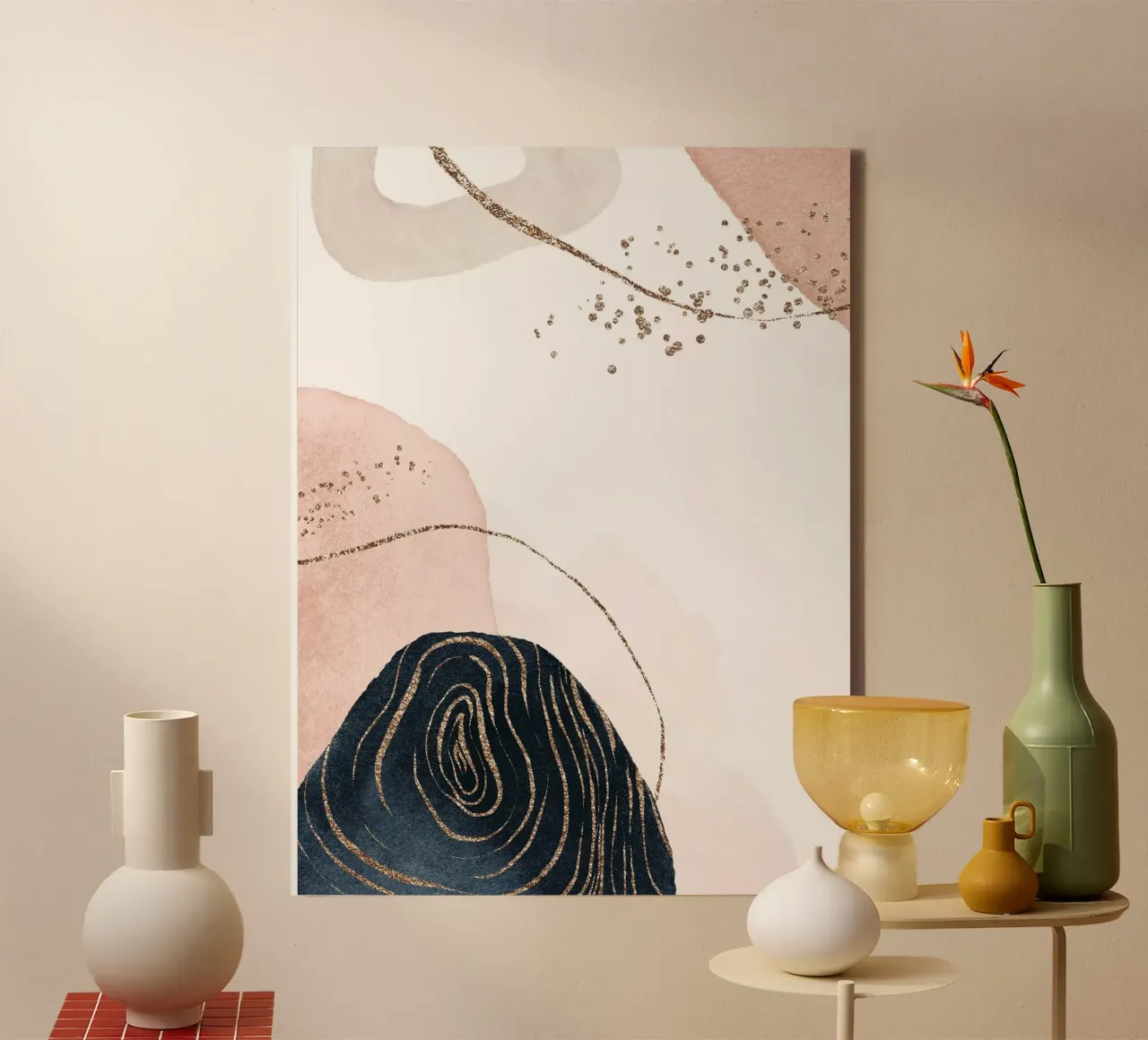 Abstract art - golden lines and pastel colours canvas with Floater frame by Whole©