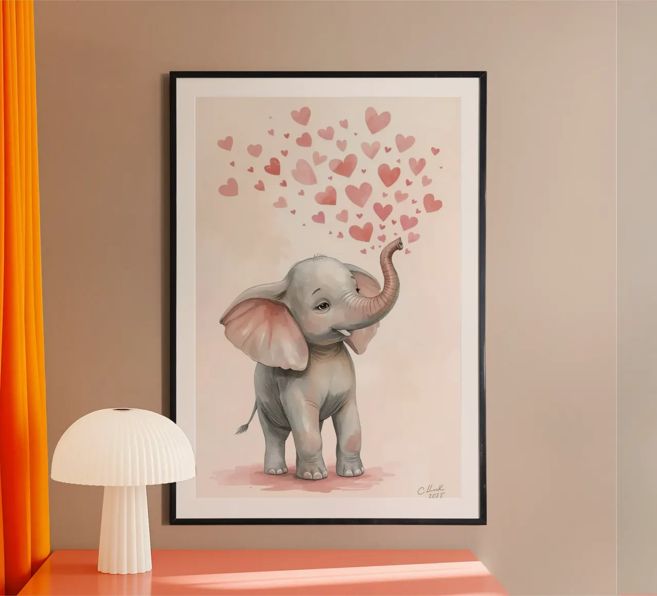 Watercolor Baby Elephant with Heart Shapes poster by DesignDoodle