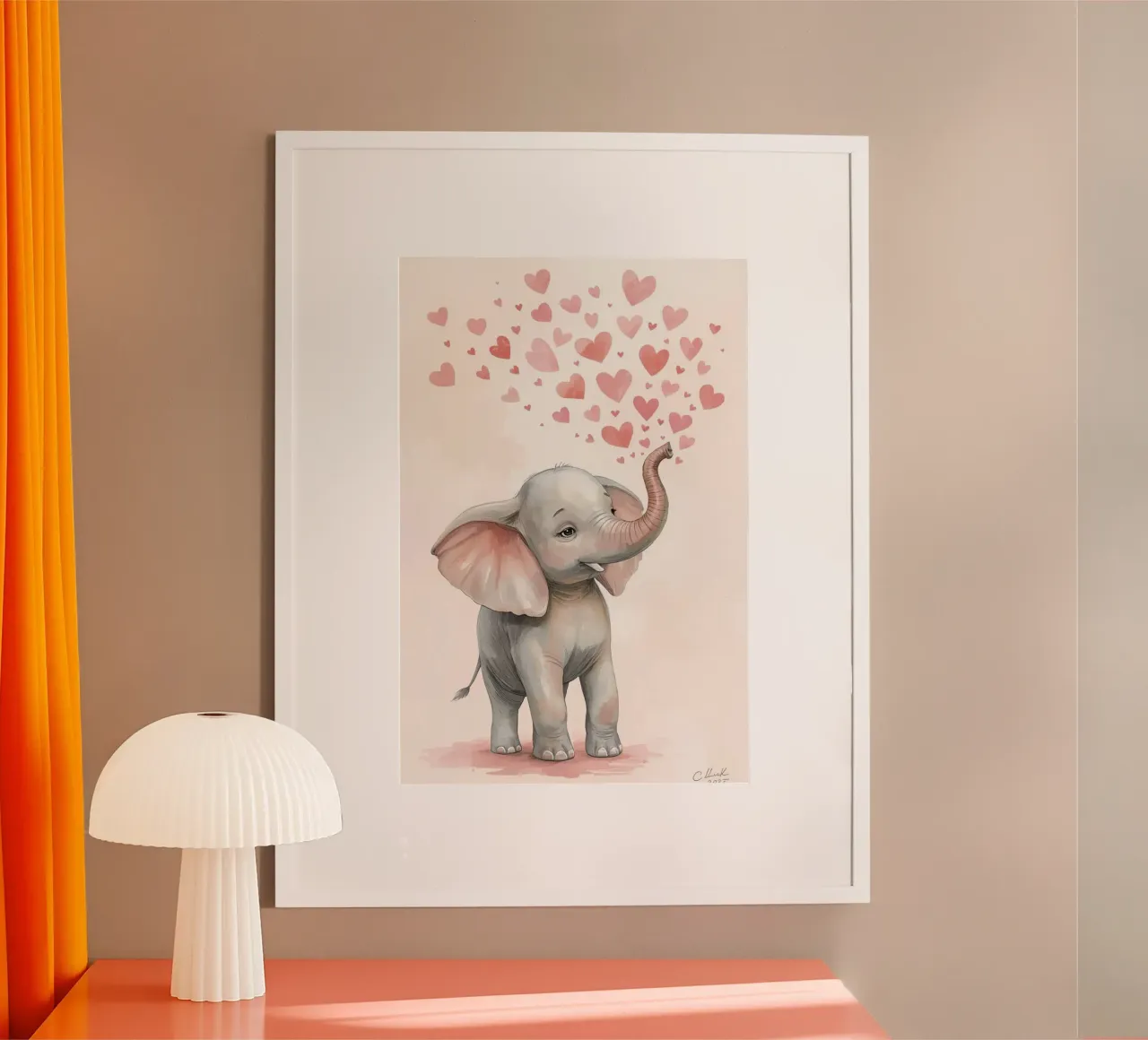 Watercolor Baby Elephant with Heart Shapes poster by DesignDoodle