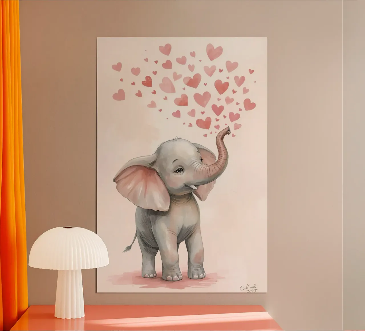 Watercolor Baby Elephant with Heart Shapes poster by DesignDoodle