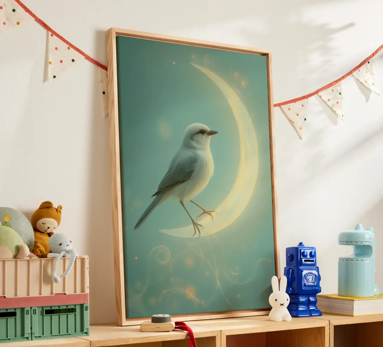 White Bird on Crescent Moon canvas with Floater frame by DesignDoodle