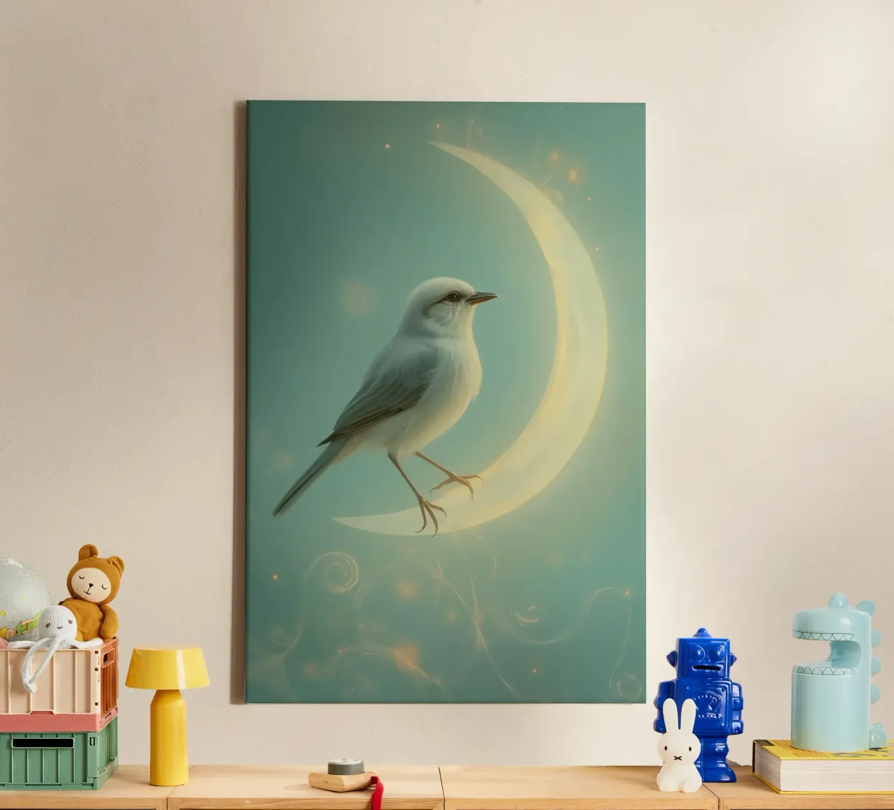 White Bird on Crescent Moon canvas with Floater frame by DesignDoodle