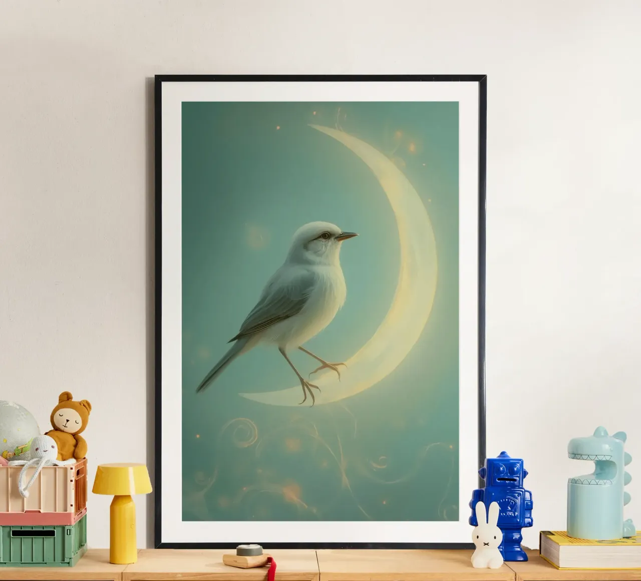 Uccello bianco su luna crescente poster con telaio in plastica da DesignDoodle