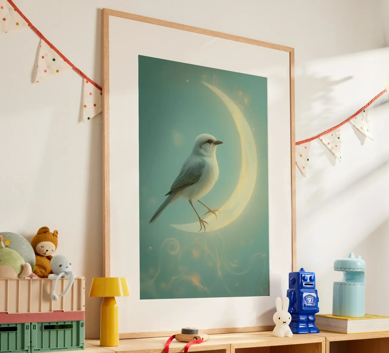 Uccello bianco su luna crescente poster con telaio in plastica da DesignDoodle