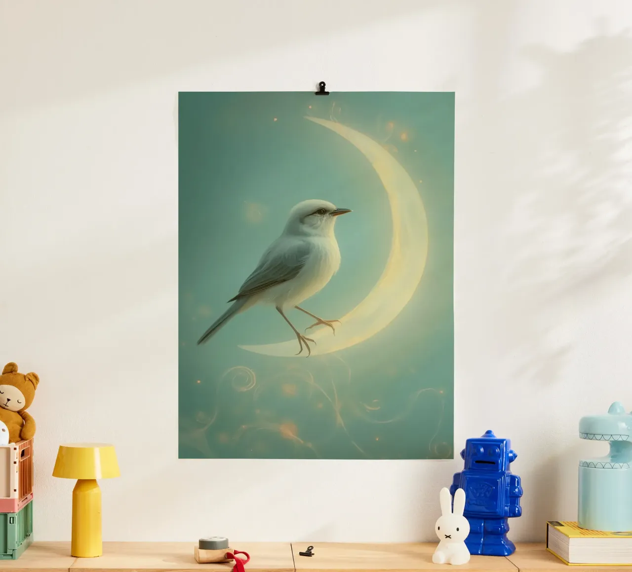 Uccello bianco su luna crescente poster con telaio in plastica da DesignDoodle