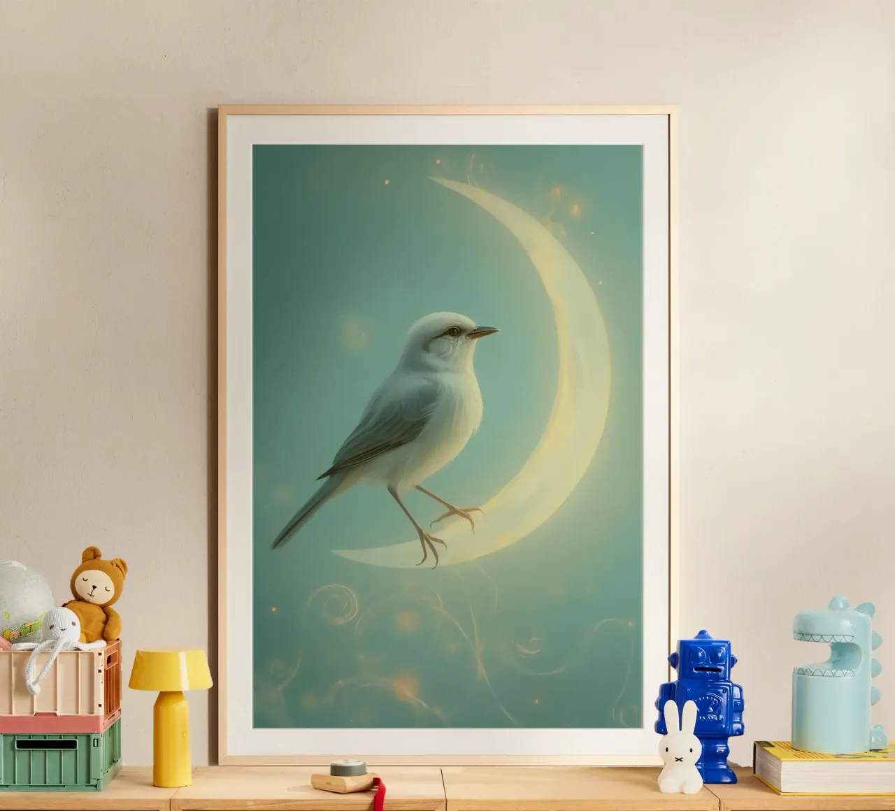 Uccello bianco su luna crescente poster con telaio in plastica da DesignDoodle