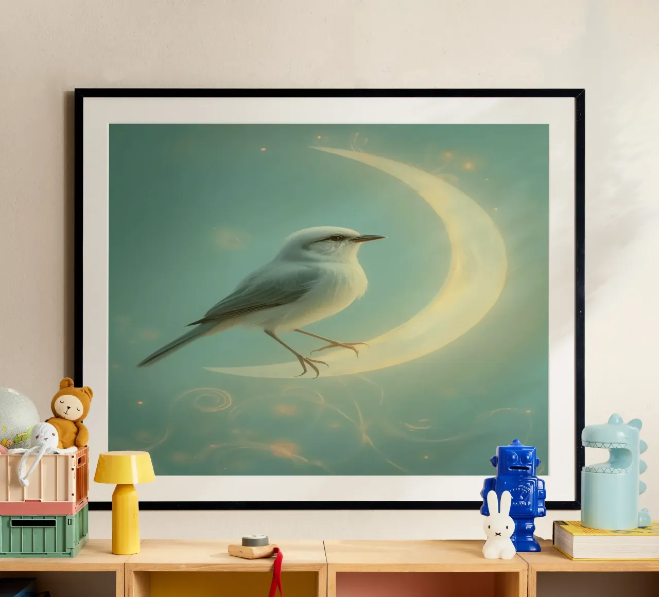 Uccello bianco su luna crescente poster con telaio in plastica da DesignDoodle
