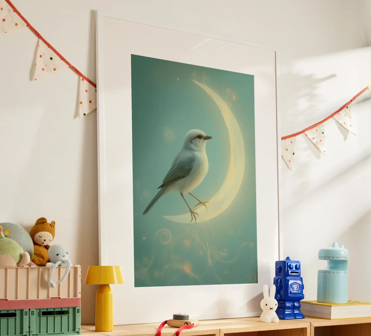 Uccello bianco su luna crescente poster con telaio in plastica da DesignDoodle