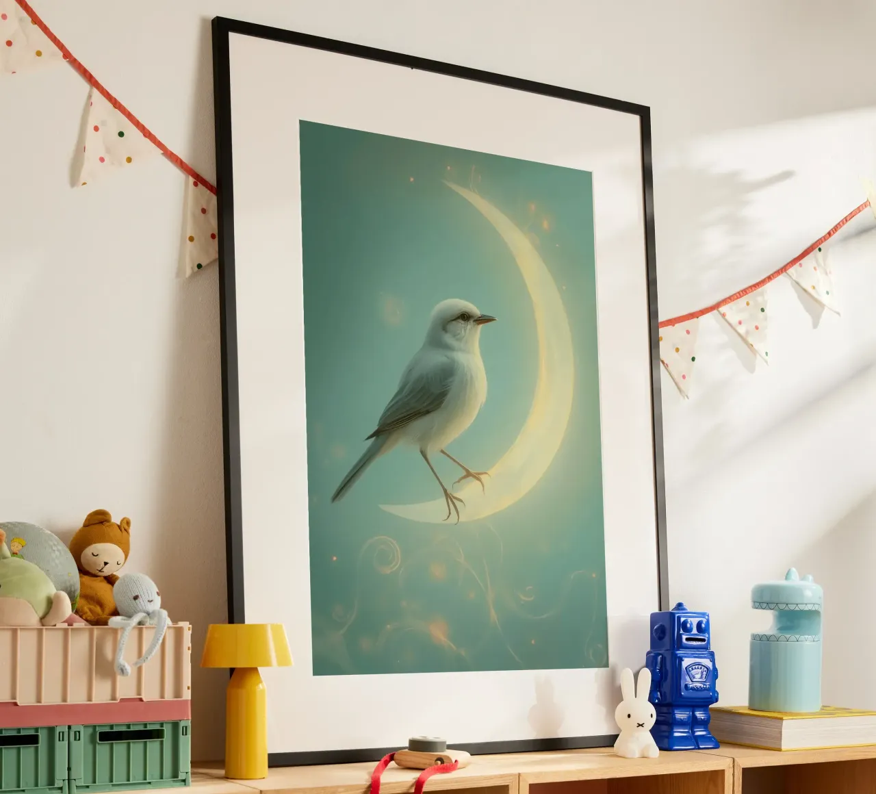 Uccello bianco su luna crescente poster con telaio in plastica da DesignDoodle