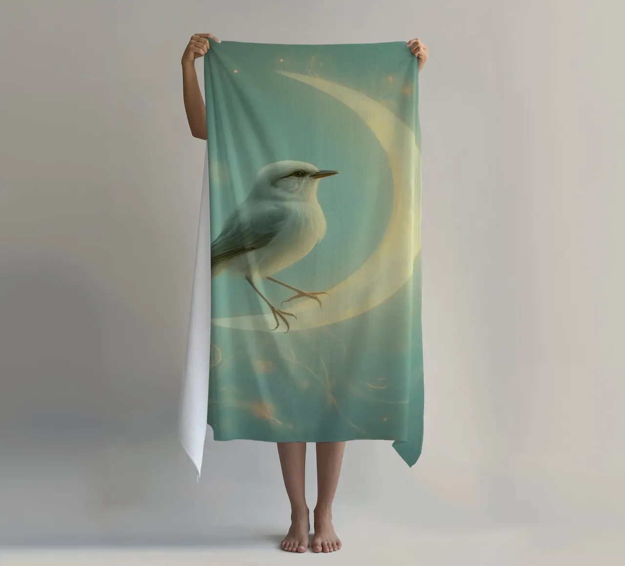Uccello bianco su luna crescente telo mare da DesignDoodle
