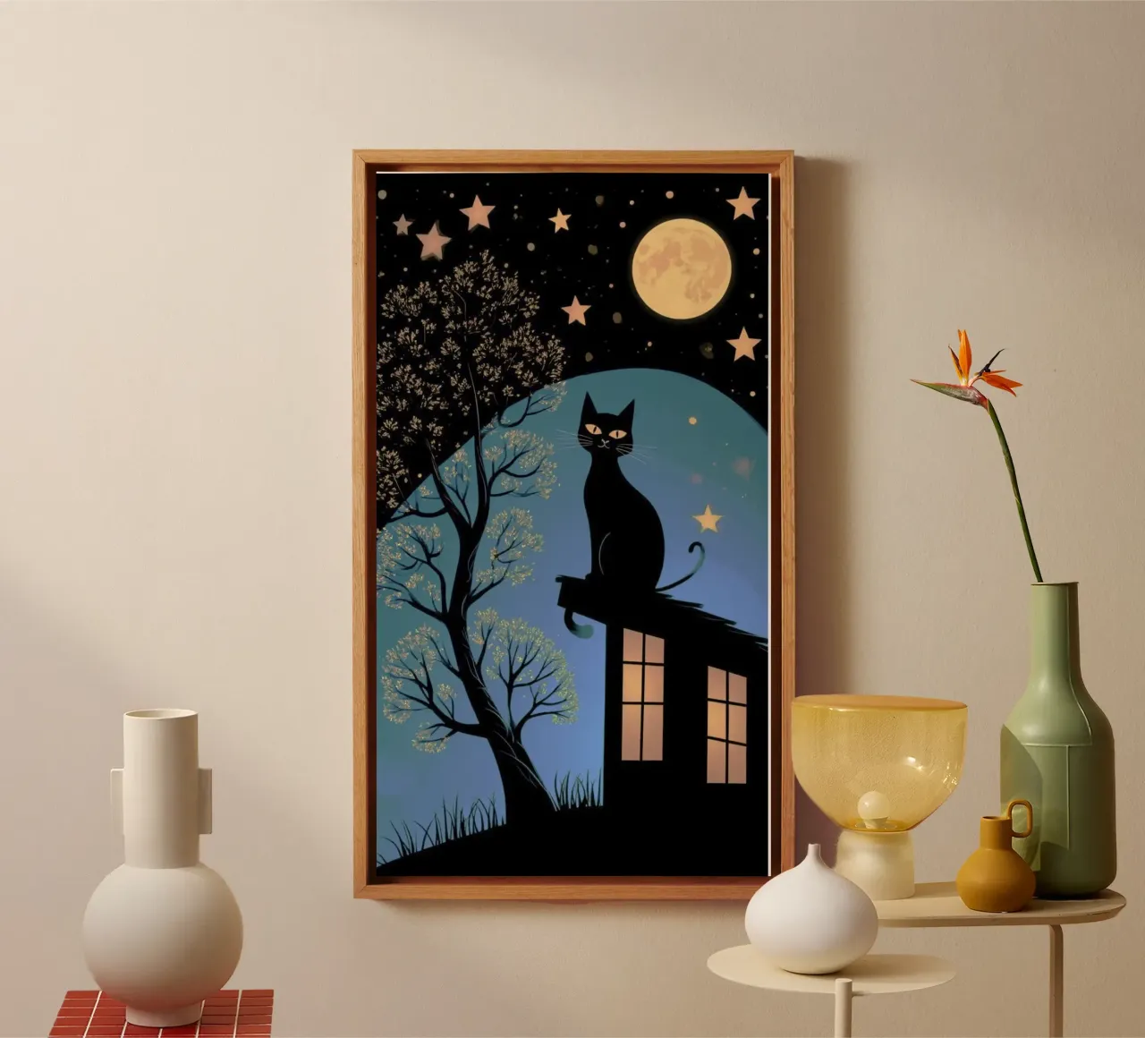 cat with moonlight canvas met Baklijst van firmana