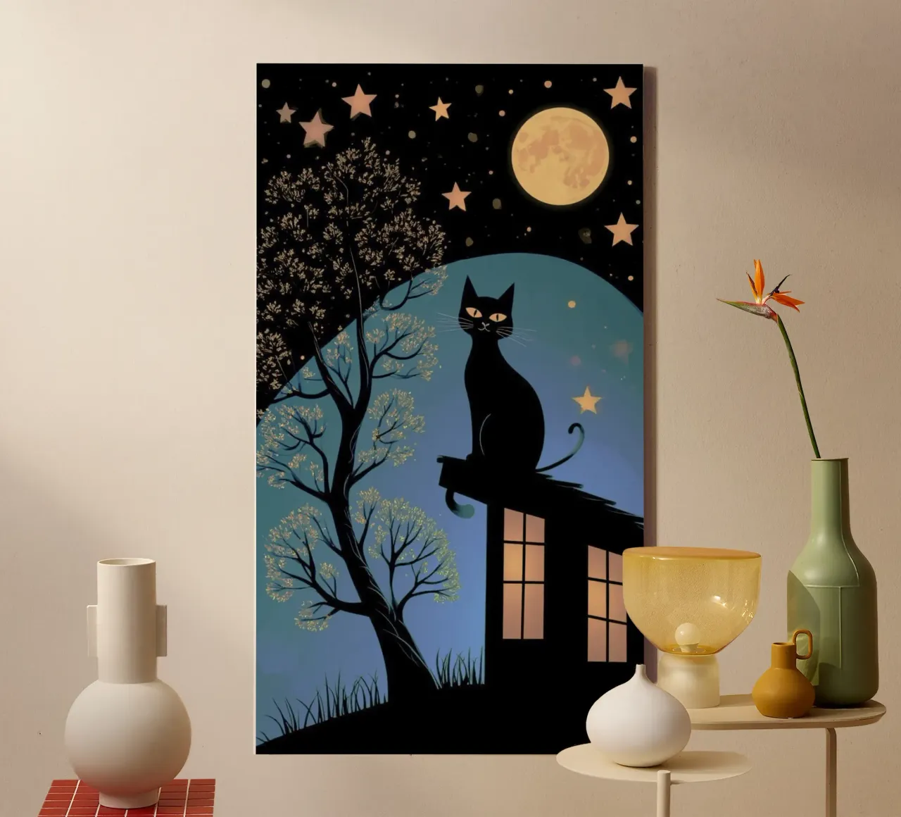 cat with moonlight canvas met Baklijst van firmana