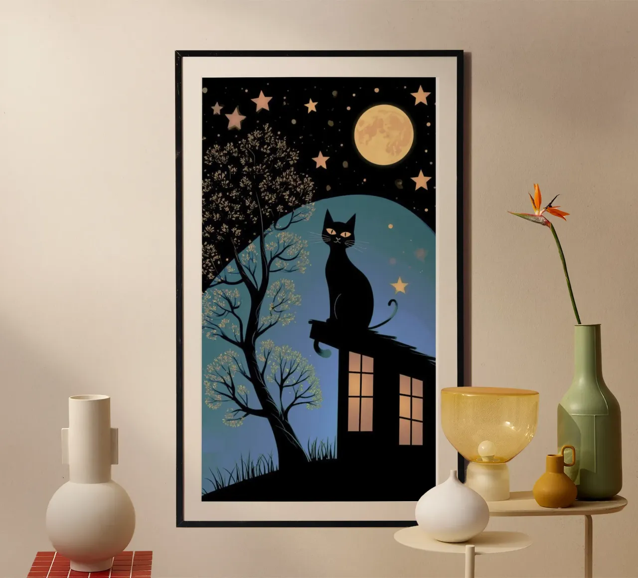 cat with moonlight poster con telaio in legno da firmana