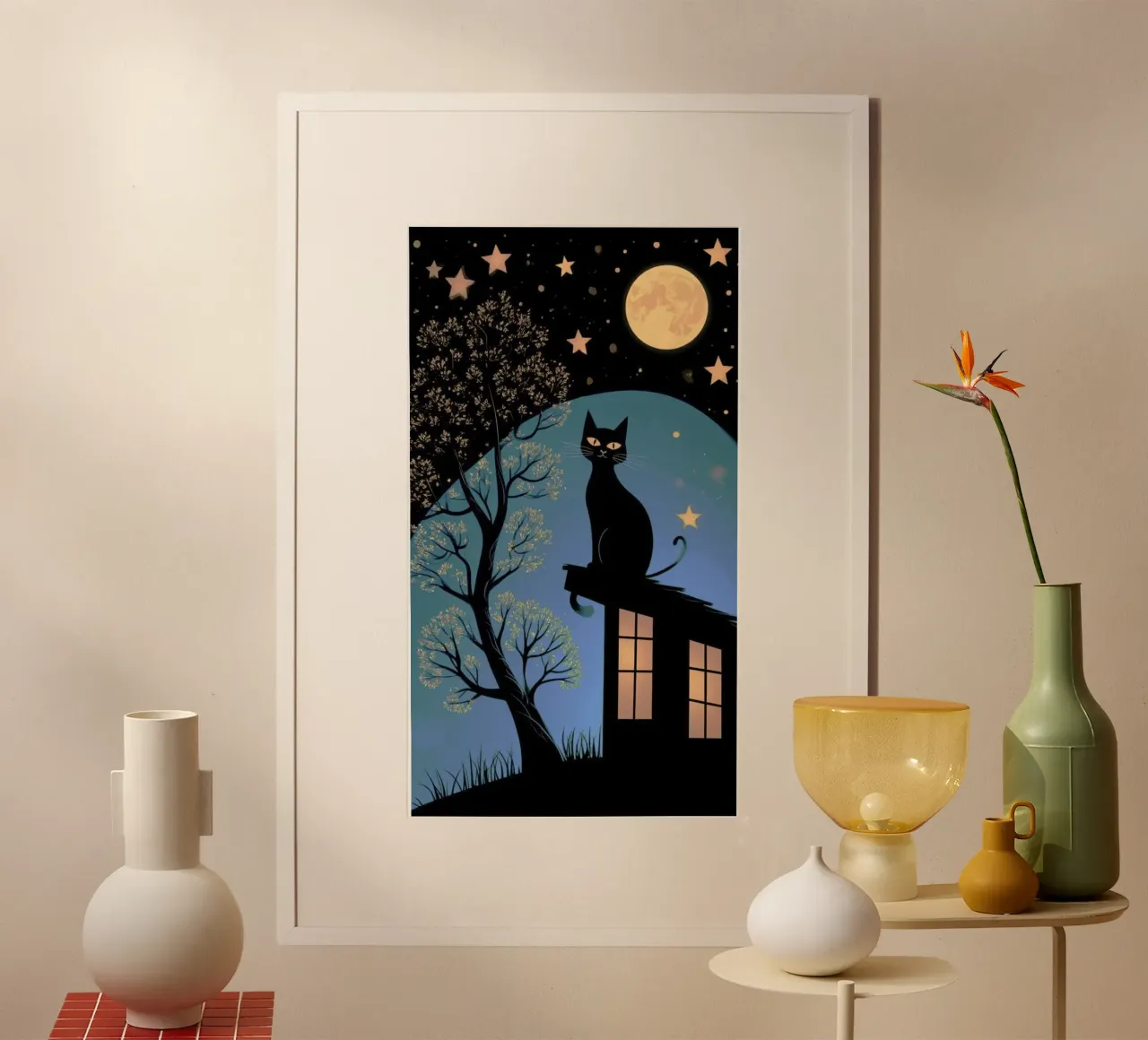 cat with moonlight poster con telaio in legno da firmana
