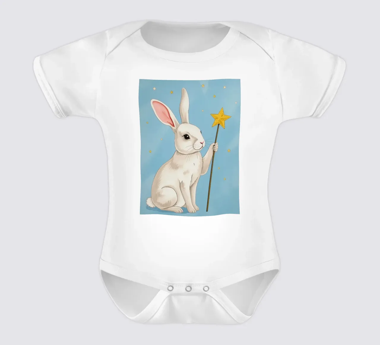 Coniglio bianco con in mano una bacchetta a stella body neonato maniche corte da DesignDoodle