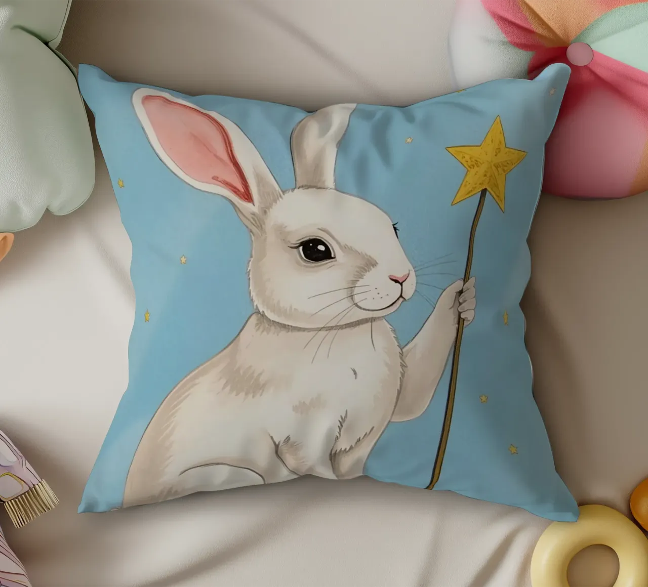 Coniglio bianco con in mano una bacchetta a stella cuscino da DesignDoodle