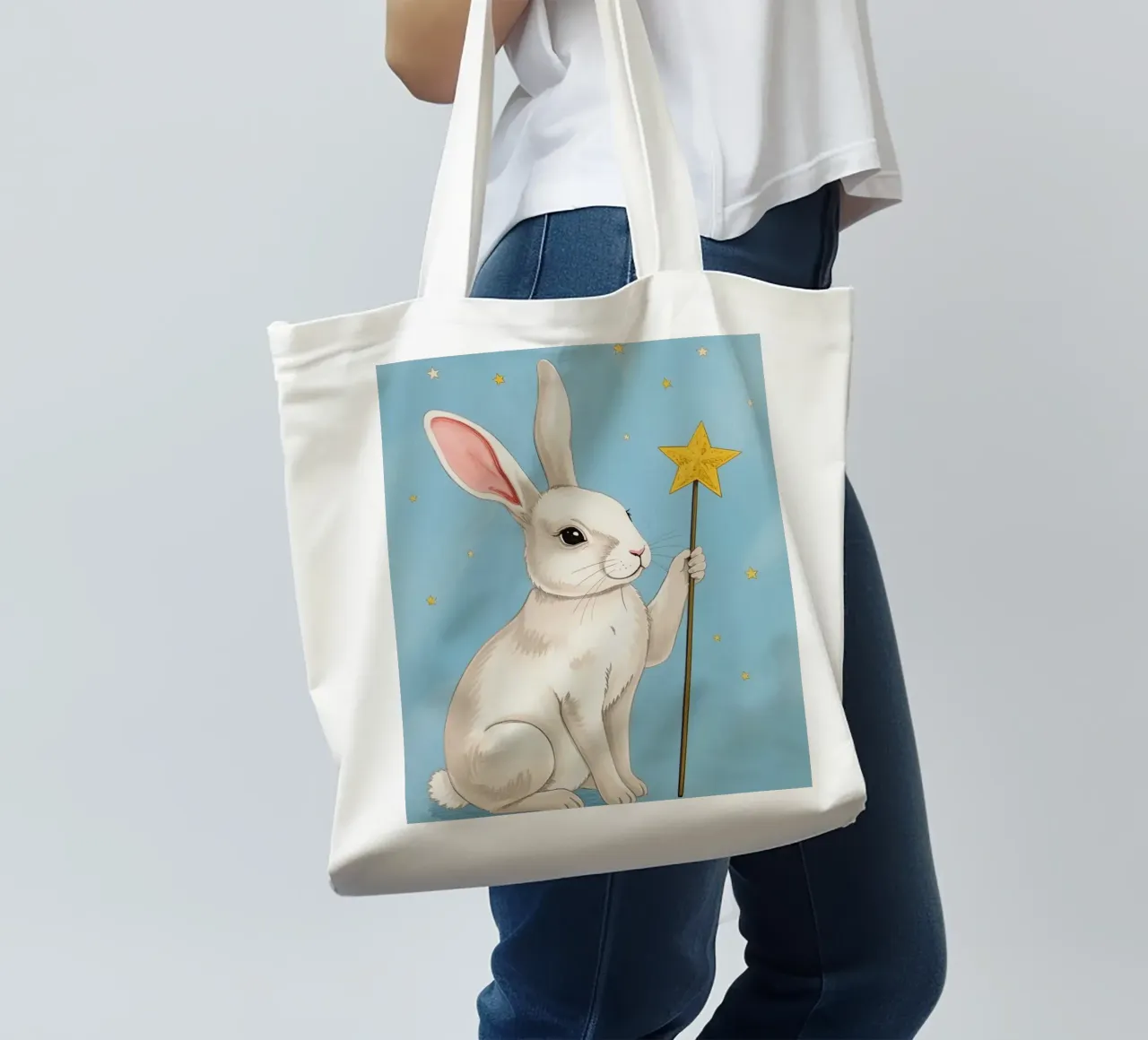 Coniglio bianco con in mano una bacchetta a stella borsa in juta da DesignDoodle