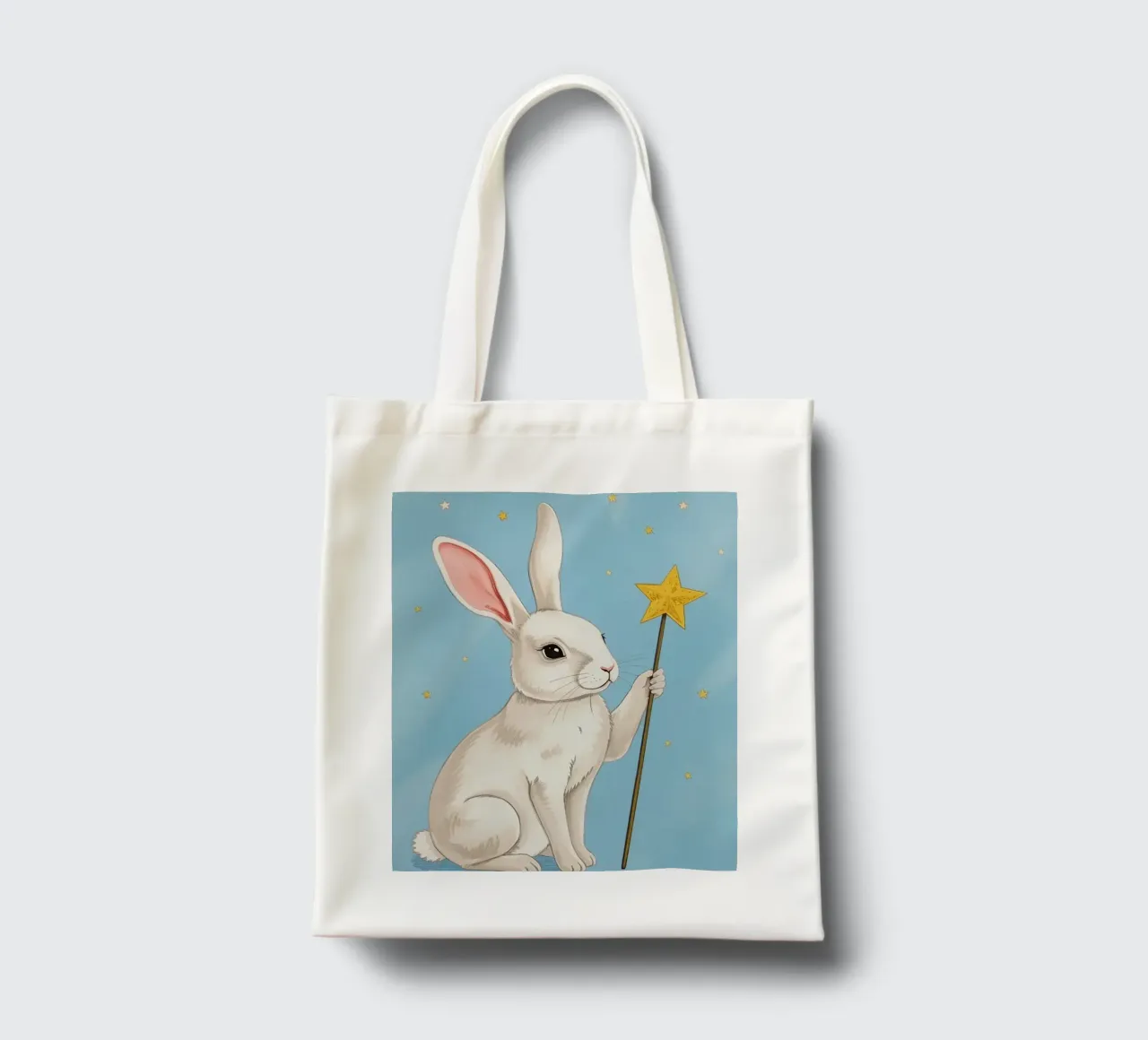 Coniglio bianco con in mano una bacchetta a stella borsa in juta da DesignDoodle