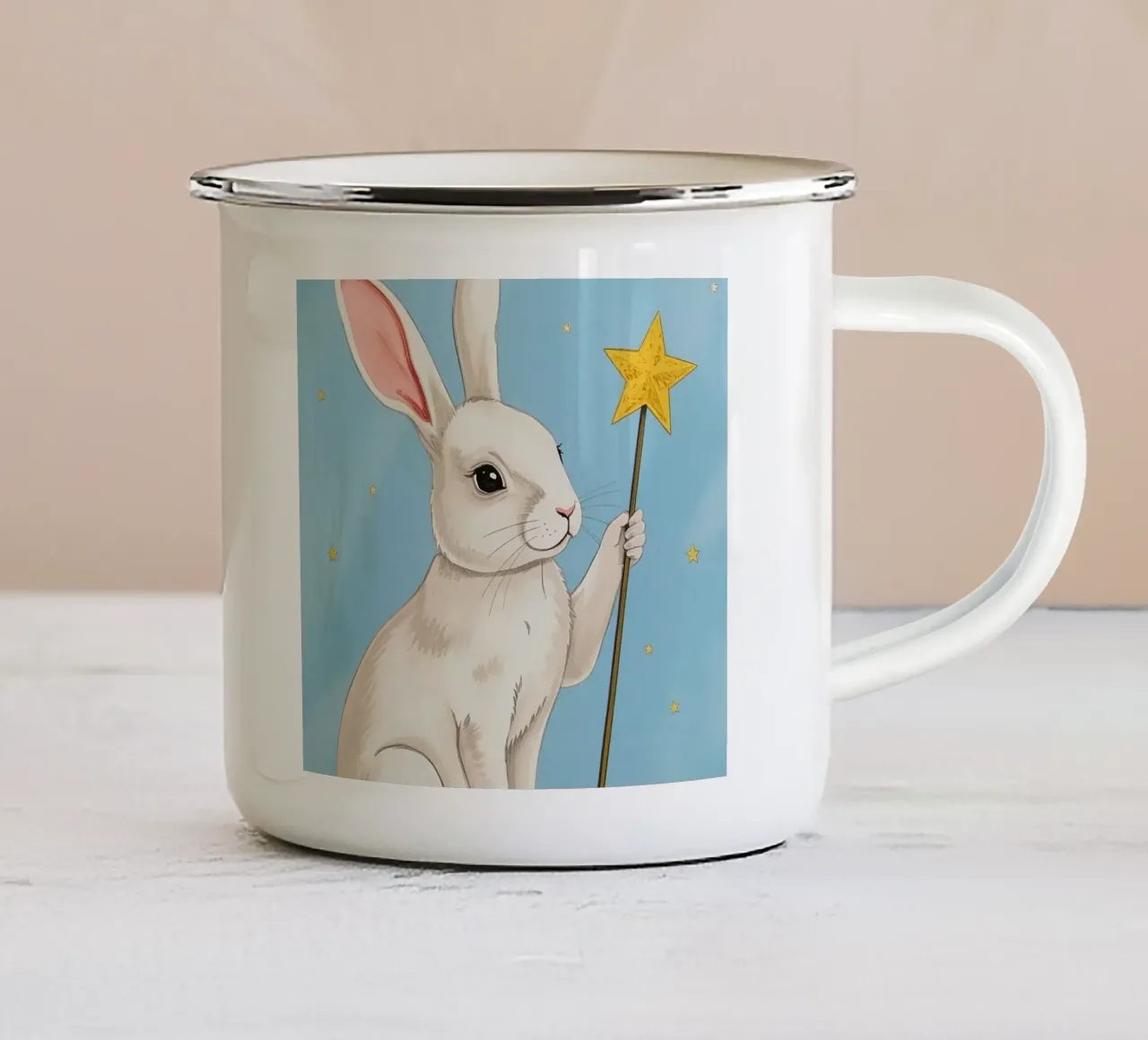 Coniglio bianco con in mano una bacchetta a stella tazza in smalto da DesignDoodle