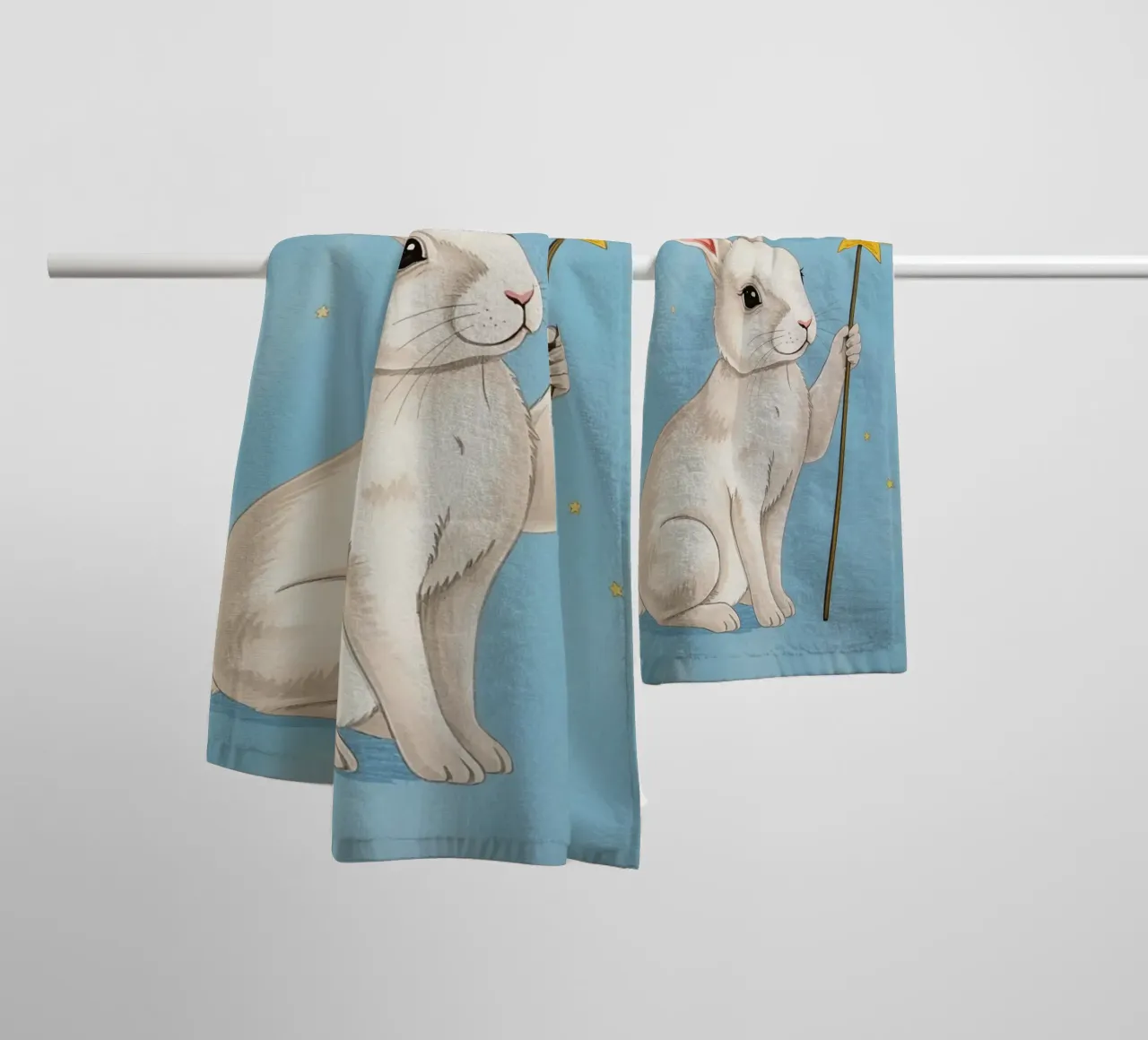 Coniglio bianco con in mano una bacchetta a stella asciugamano da bagno da DesignDoodle