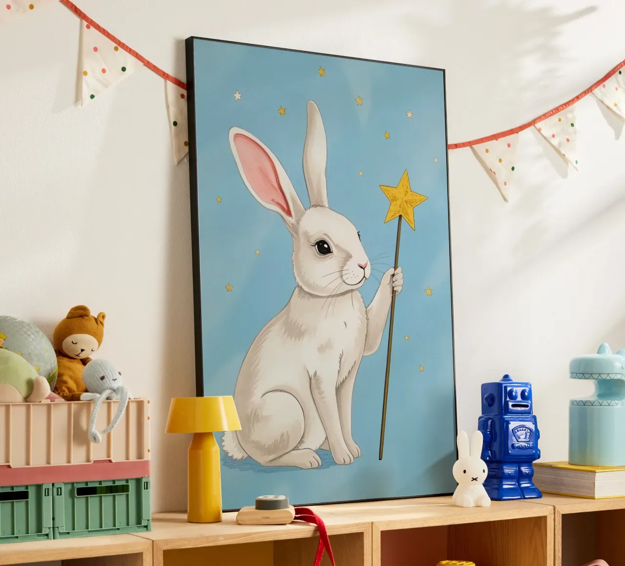 Coniglio bianco con in mano una bacchetta a stella alluminio dibond da DesignDoodle