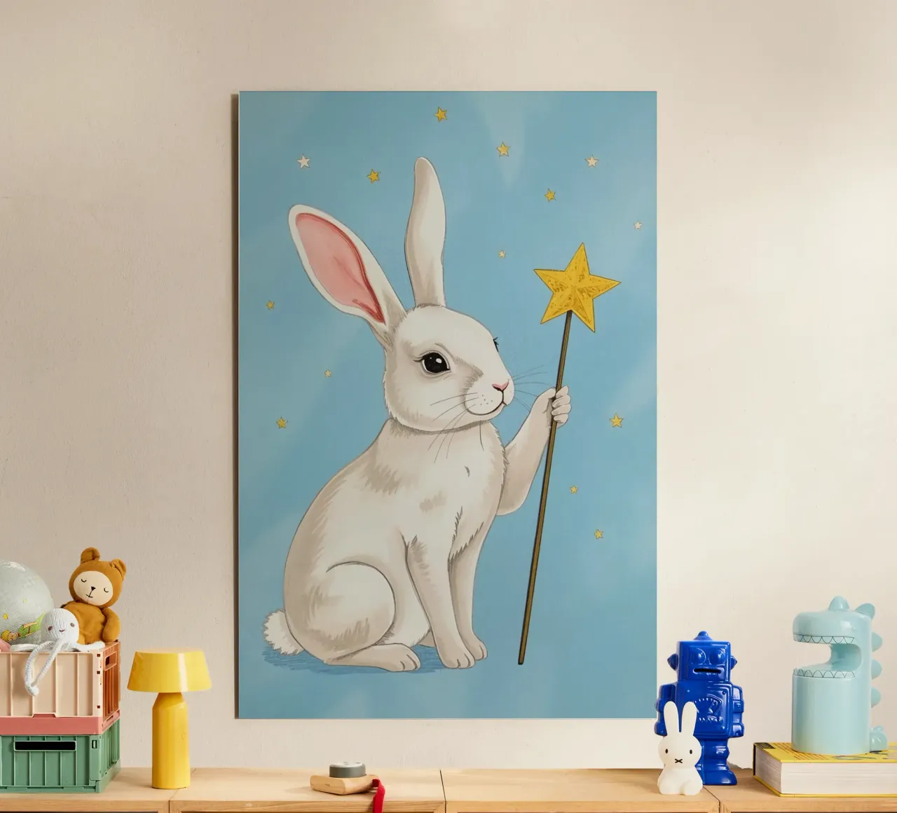 Coniglio bianco con in mano una bacchetta a stella alluminio dibond da DesignDoodle