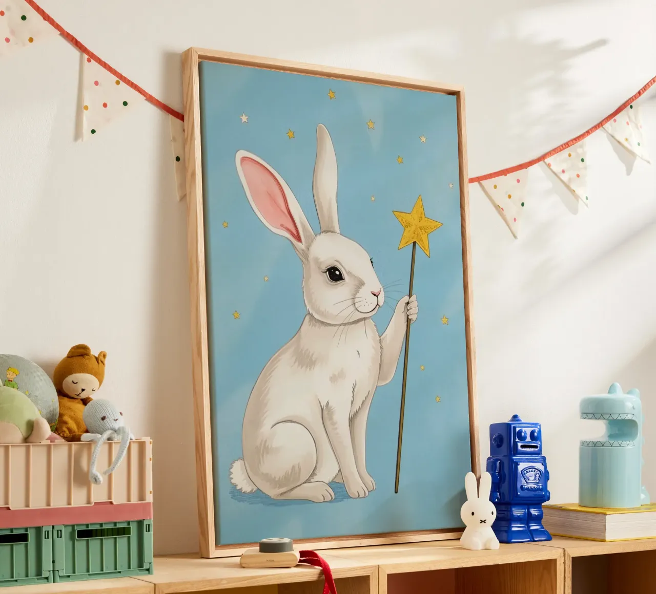 Lapin blanc tenant une baguette étoilée toile avec Caisse américaine de DesignDoodle