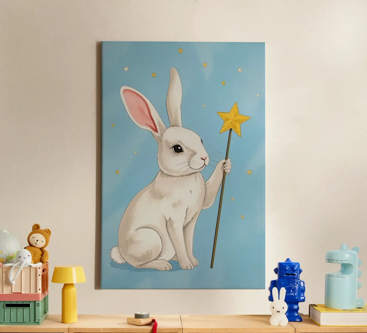 Lapin blanc tenant une baguette étoilée toile avec Caisse américaine de DesignDoodle