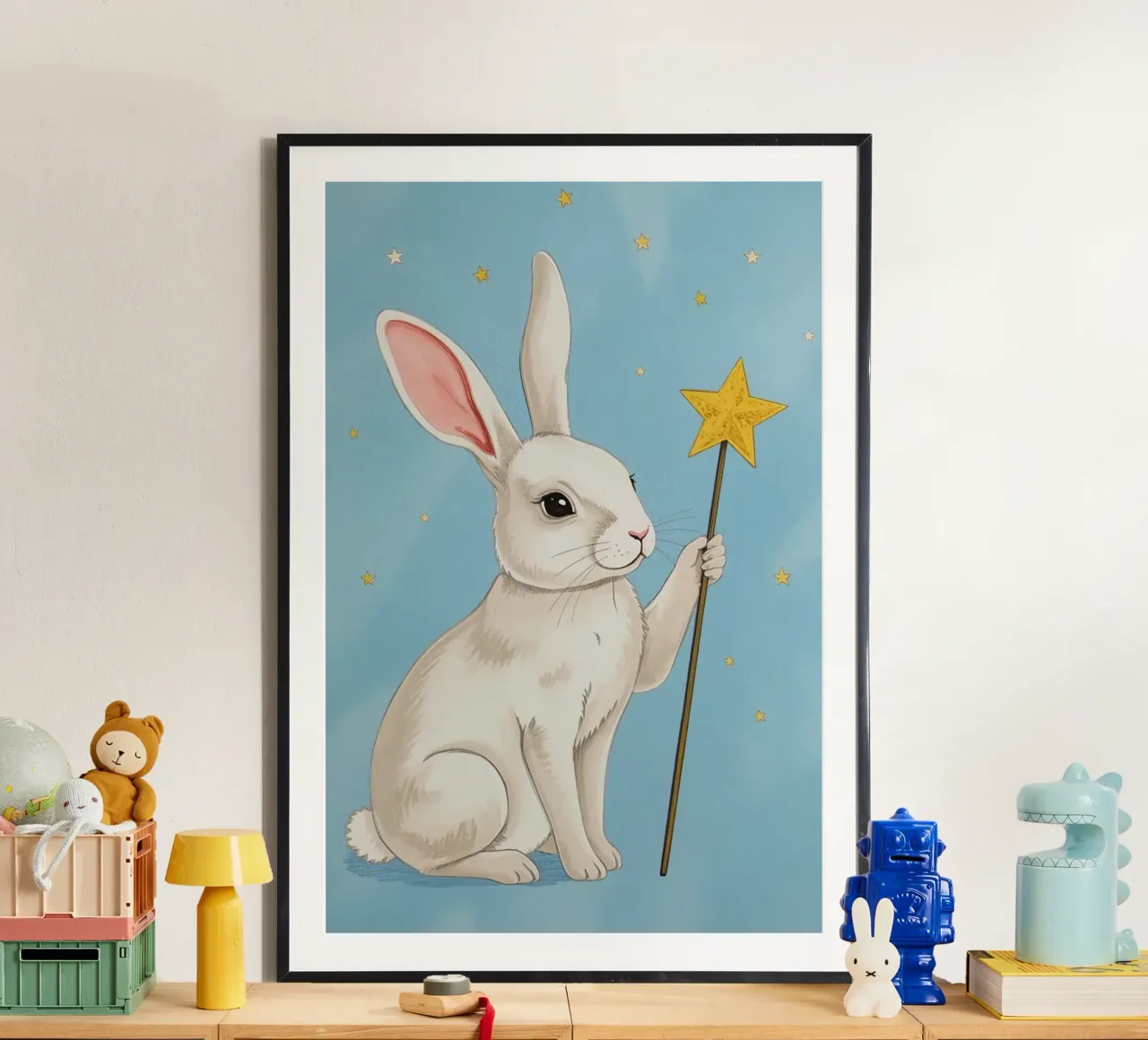 Coniglio bianco con in mano una bacchetta a stella poster da DesignDoodle