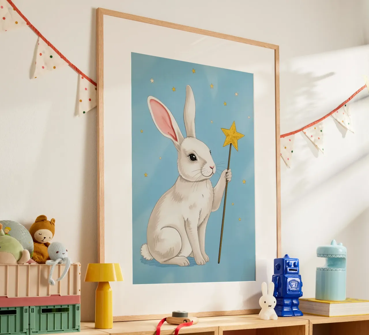 Coniglio bianco con in mano una bacchetta a stella poster da DesignDoodle