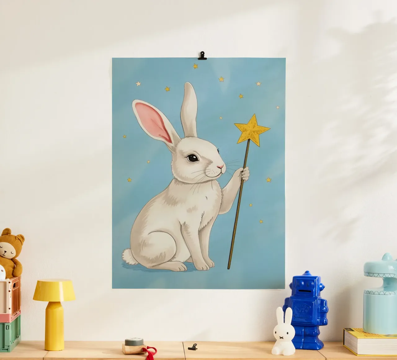 Coniglio bianco con in mano una bacchetta a stella poster da DesignDoodle