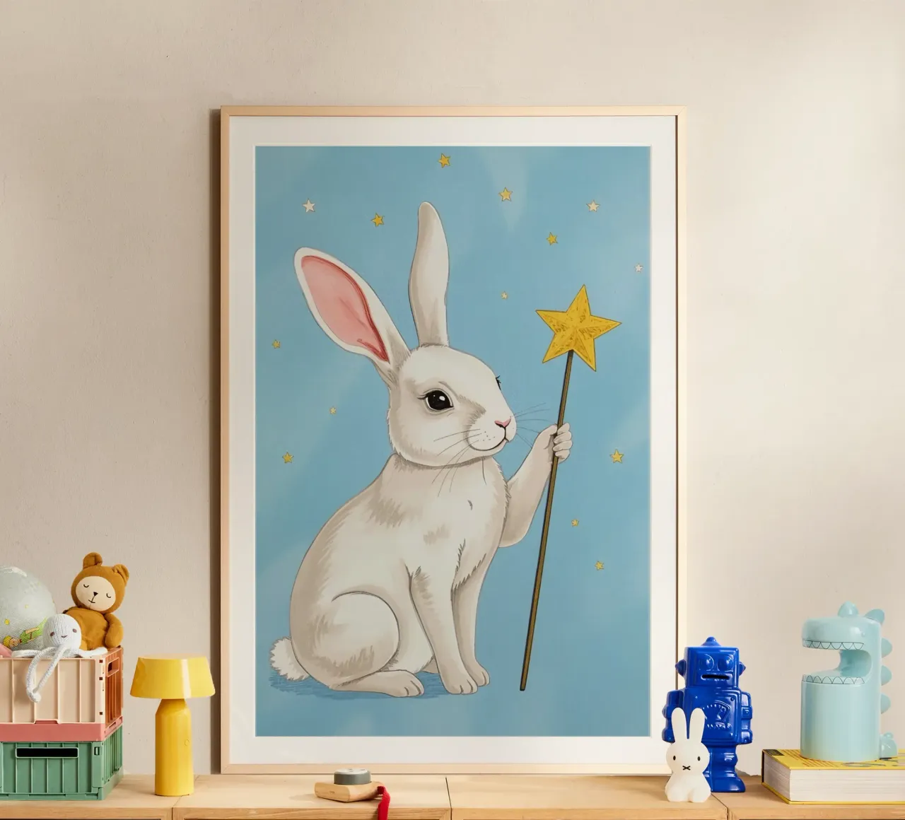 Coniglio bianco con in mano una bacchetta a stella poster da DesignDoodle