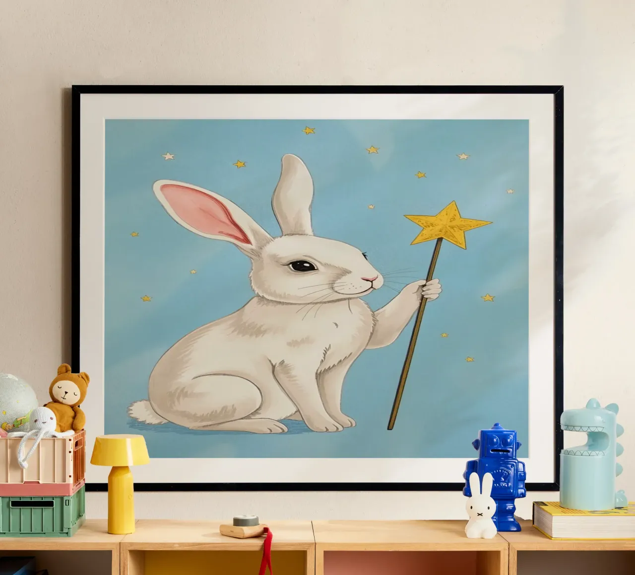 Coniglio bianco con in mano una bacchetta a stella poster da DesignDoodle
